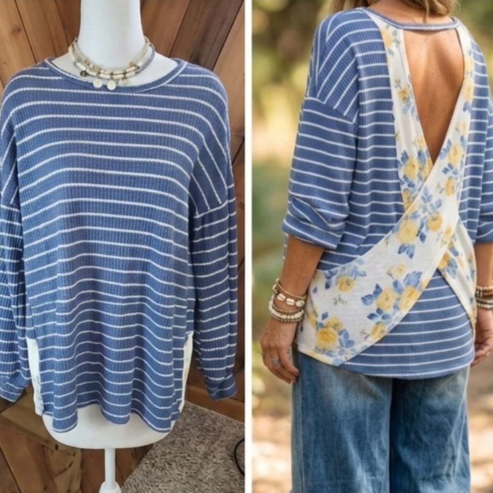 Beautiful 7th Ray Flowy Coastal Open Back Tunic Top Size M